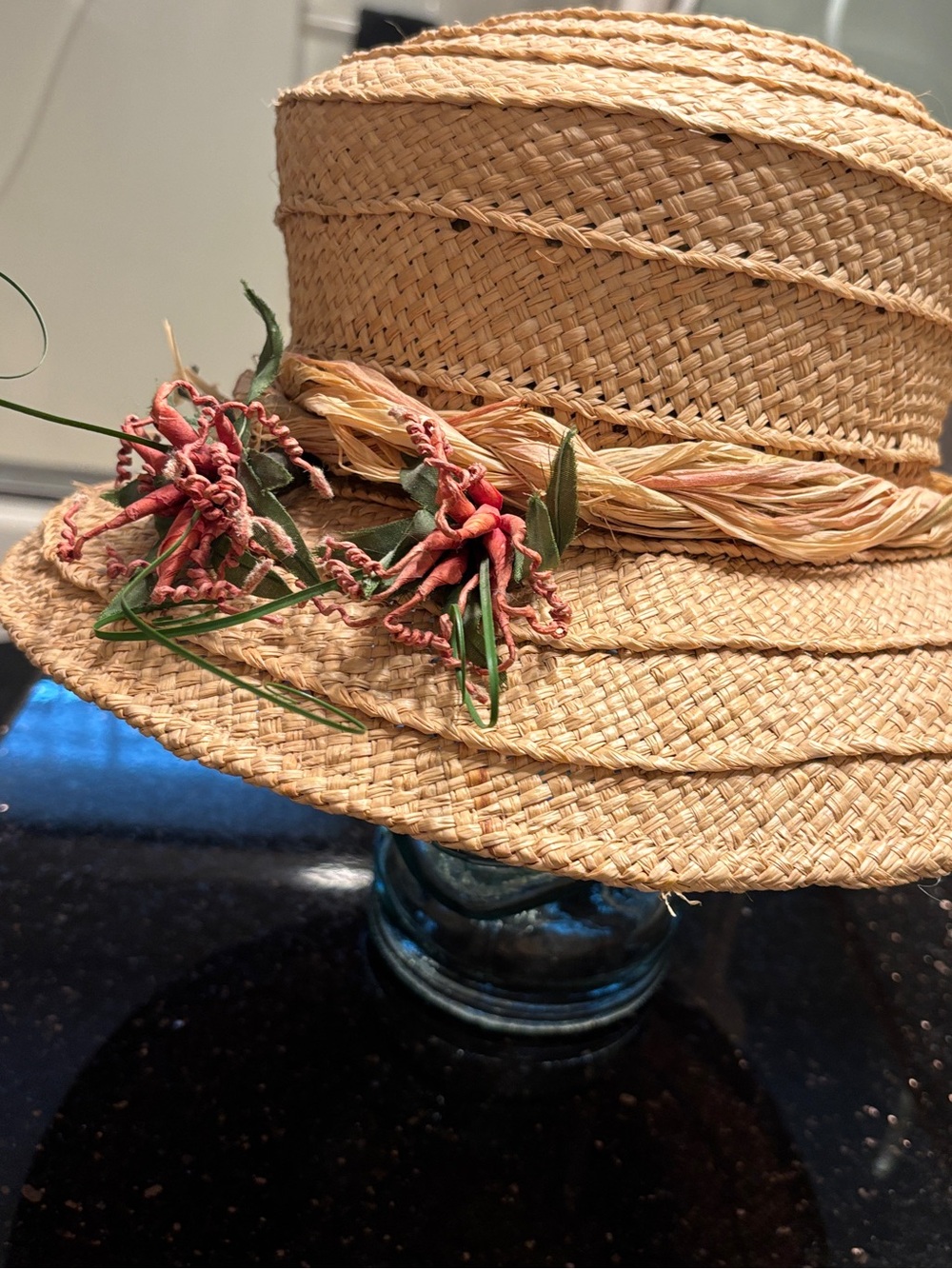 April Cornell Natural Straw Hat with Pink Floral and Raffia Accents - Picture 10 of 10